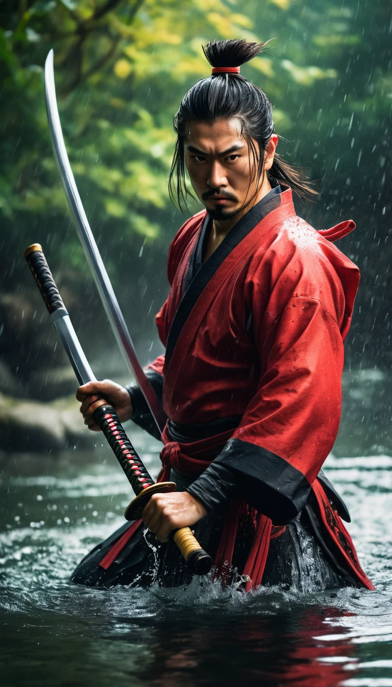 best quality，Ultra-fine，warrior samurai in water ，Air，One hand holding a katana，Face mask，fighting，Dodge，avoid，lifelike，photorealism：1.37），bright colors，clear focus，Defocused，（fantasy：1.2），（mystical landscapes），（dynamic poses：1.37），（intense gaze），（Extraordinary power），（the power of myth），black and red，rainy day，Wounds on the body，splash
