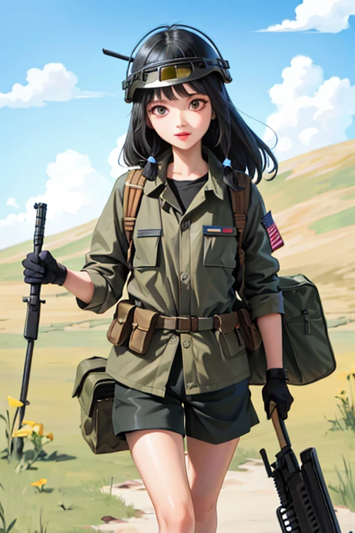 8K Ultra High-Quality) (Masterpieces) (figure: KIRUKO) 1 Girl, solo, long hair, wearing US Army Uniform from Vietnam war era, wearing US Army helmet from Vietnam war, carrying US Army bag, holding M16A1 Colt firearm, laughing looking at viewer.