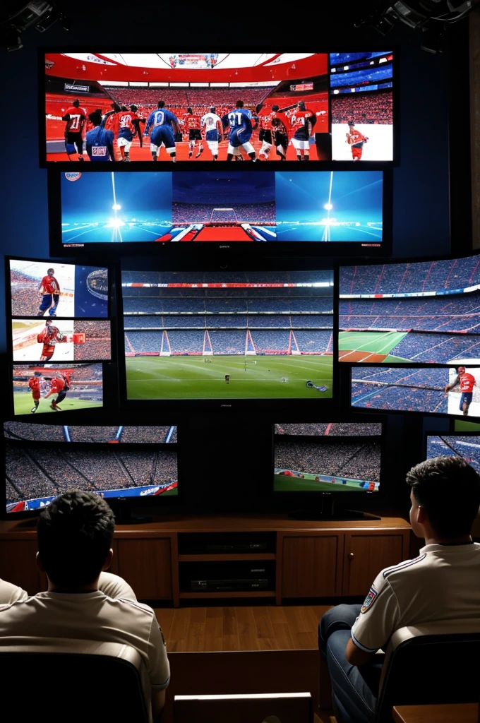 Create an illustration showing a stage with several television monitors, all showing the same soccer match in Costa Rica with intense and excited coverage, Each television monitor is surrounded by sports graphics, player statistics and enthusiastic comments from sports commentators, all highlighting the emotion and attention dedicated to the game. in the center of the scene, on a small almost hidden monitor, shows a tiny news story about a serious incident of football-related domestic violence. For example, an image of a house with broken windows and an ambulance in the background.