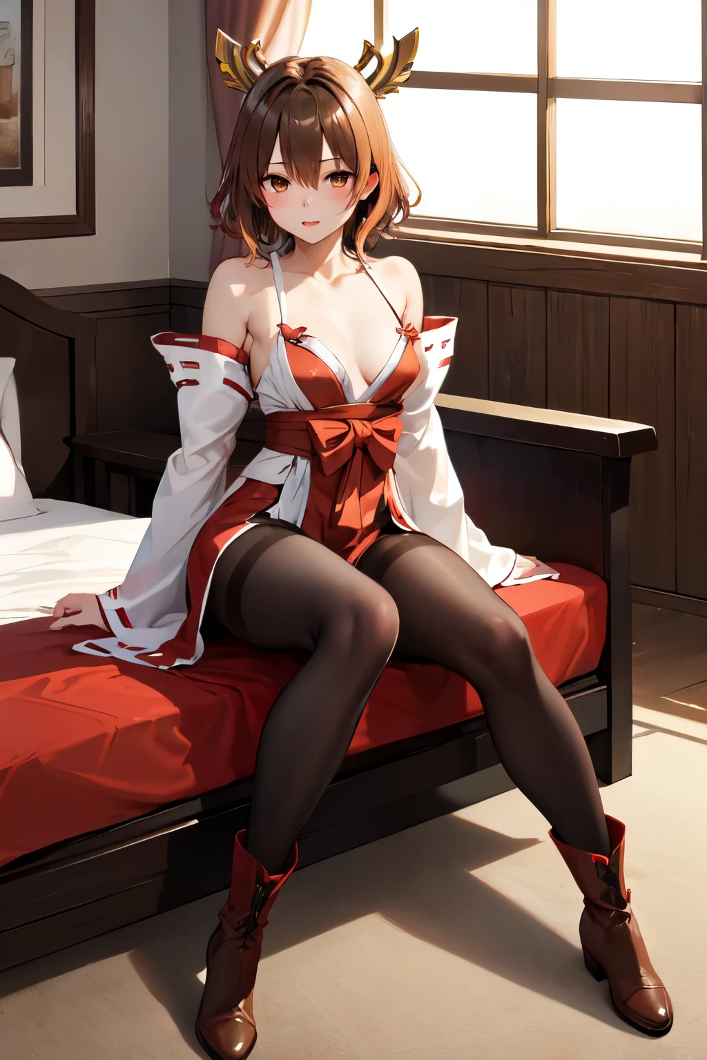 masterpiece, Highest quality, High resolution, One girl, alone, short hair, Brown Hair, Brown eyes, chest, Bedroom、((Miko costume))、((pantyhose))、(boots)、