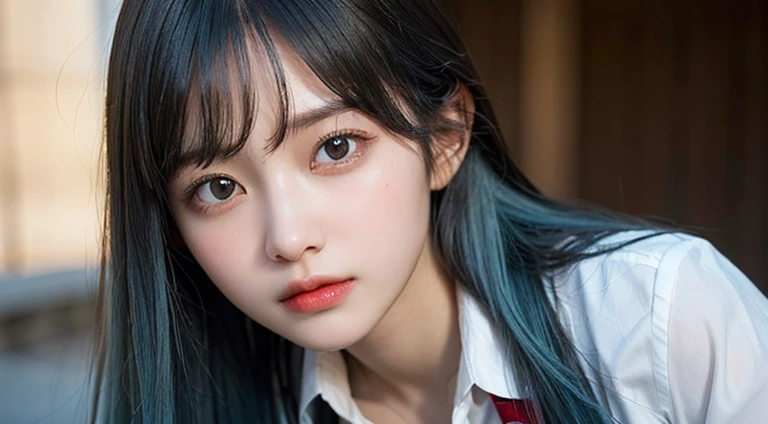 (Long Hair, bangs, Light blue hair:1.2),(Wearing school uniform:1.2),1 girl,Japanese,21 years old,(Small breasts:1.3),(Highest quality,masterpiece:1.3,超A high resolution,),(Ultra-detailed,Caustics),(Photorealistic:1.4,RAW shooting,)Ultra-Realistic Capture,Very detailed,High resolution 16K human skin close-up。 Natural skin texture、,Pores、、It needs to be detailed enough to be easily identifiable。 Skin should be even-toned and healthy looking。 Use natural light and colour, Sad expression, Looking at the camera, Perfect dynamic composition, Outdoor