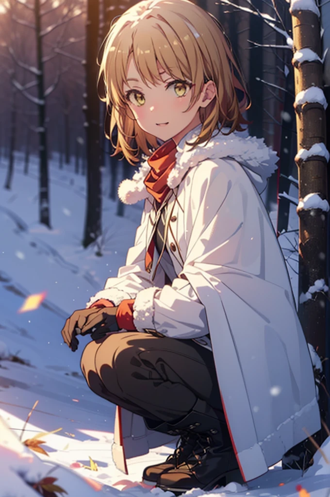 Irohaisshiki, isshiki iroha, short hair, Brown Hair, (Brown eyes:1.5), smile,
Open your mouth,snow, fire, Outdoor, boots, snowing, From the side, wood, suitcase, Cape, Blurred, Eat food, forest, gloves, nature, Brown eyes, red gloves, Squat, Mouth closed, フードed Cape, winter, Written boundary depth, Black shoes, red Cape break looking at viewer, Upper Body, whole body, break Outdoor, forest, nature, break (masterpiece:1.2), Highest quality, High resolution, unity 8k wallpaper, (shape:0.8), (Beautiful and beautiful eyes:1.6), Highly detailed face, Perfect lighting, Extremely detailed CG, (Perfect hands, Perfect Anatomy),