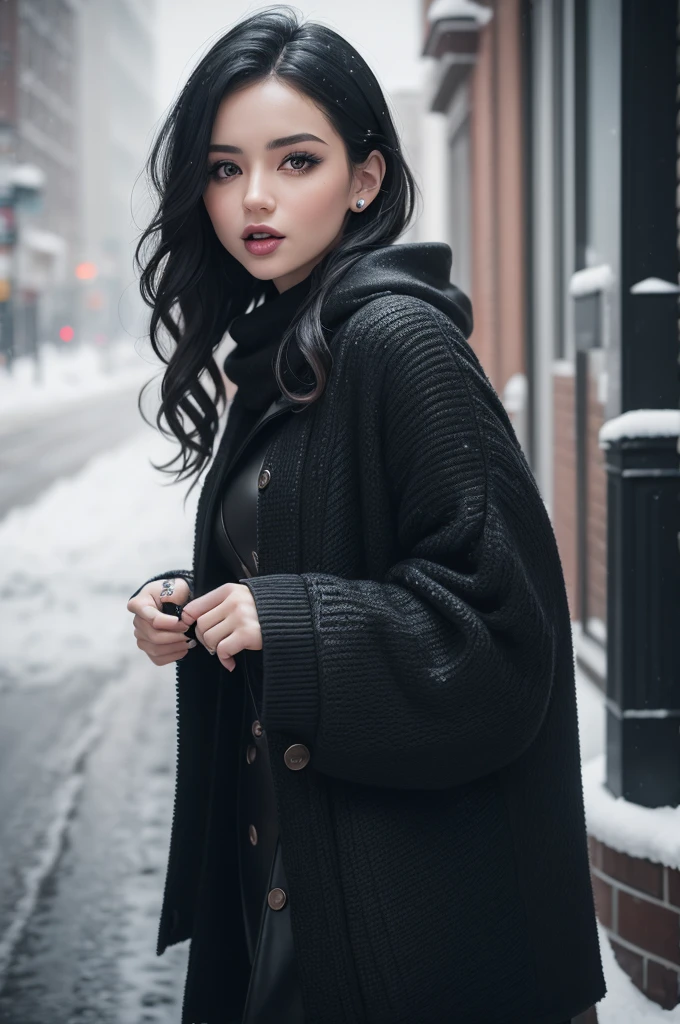 professional photography of a beautiful girl showing her tongue with tongue piercing ,in winter clothes with short black wavy hair, sensual and seductive look, beautiful symmetrical face, beautiful gothic makeup, wearing chic warm winter fashion clothing, ((standing outside on the snowy city street)), impressive modern urban environment, ultra realistic, conceptual artwork, chic, highy detailed, intricate, sharp focus, Depth of field, f/1. 8, 85 mm, medium shot, mid shot, (((professional color grading))), soft and bright diffused light, (Volumetric fog), Trends on Instagram, HD 4k, 8K