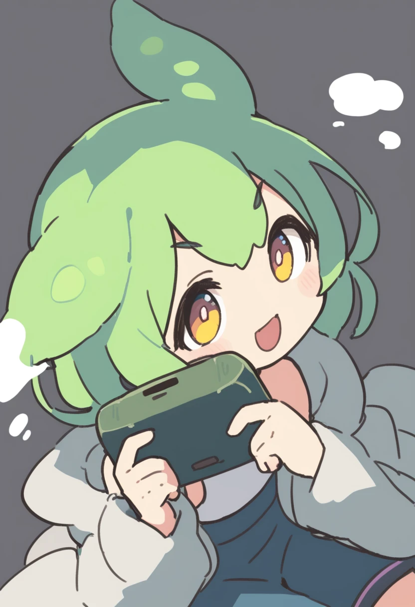 One girl,Zundamon,Voice Box ,Green Hair, smile,Simple white background、No text,Playing games