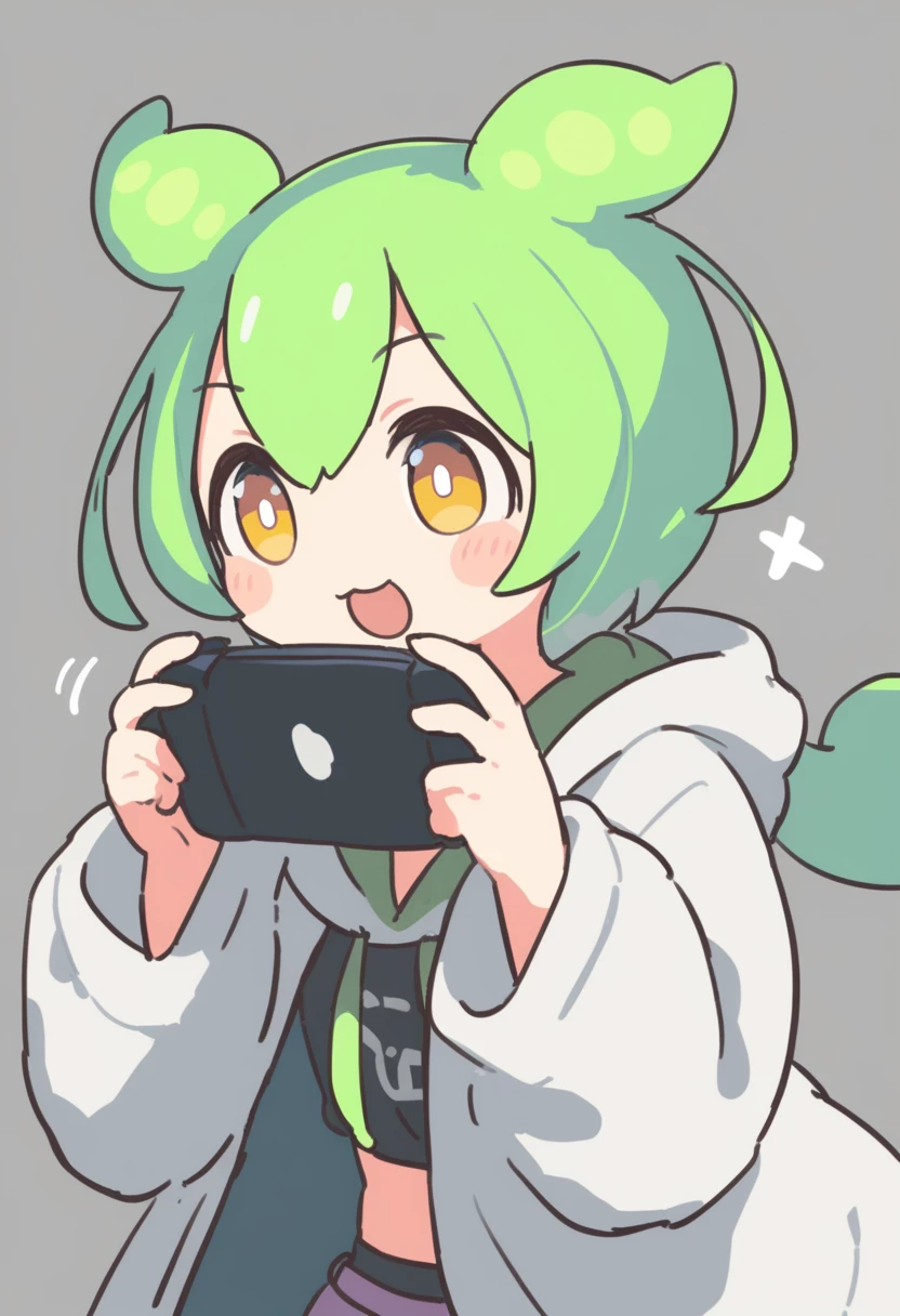 One girl,Zundamon,Voice Box ,Green Hair, smile,Simple white background、No text,Playing games