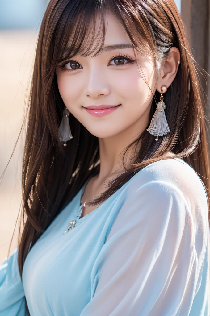 anime girl,female, 10th Generation,Long Hair,straight, Earrings, Long lower lashes, smile,Highest quality, 8K,