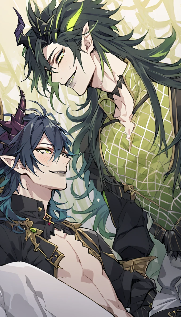 masterpiece, best quality, full body shot, (1st boy,Idia Shroud, bishounen, boy, male, yana Toboso style, extremely long hair, blue hair, blue fire hair, wavy hair, yellow eyes, tired expression, blue lips, handsome, skinny, geeky, blue glow, shark teeth, anime style,) (2nd boy, malleus draconia \(twisted wonderland\) horns, bishounen, boy, male, yana Toboso style, long hair, black hair, yellow green eyes, smile, gray lips, handsome, skinny, tall, yellow green glow, anime style), 2boy, bangs, lesbian+, small breast, (looking down at another:1.5), (look at each other:1.5), (Note: The human body should be accurately depicted biologically and anatomically.) Two men are hugging each, having sex,couple, ace to face,nsfw),blush, open mouth,2boy, anal sex, (cum in pussy:1.2), spread legs, from below break boy, black hair, `long hair, large breasts, completely nude, heavy breathing, sweat, embarrassed, blush, open mouth, lipstick, wet,(tears:0.9), saliva, saliva trail, break boy, completely nude, smile, blush, bedroom, double bed, large white pillow, white sheets