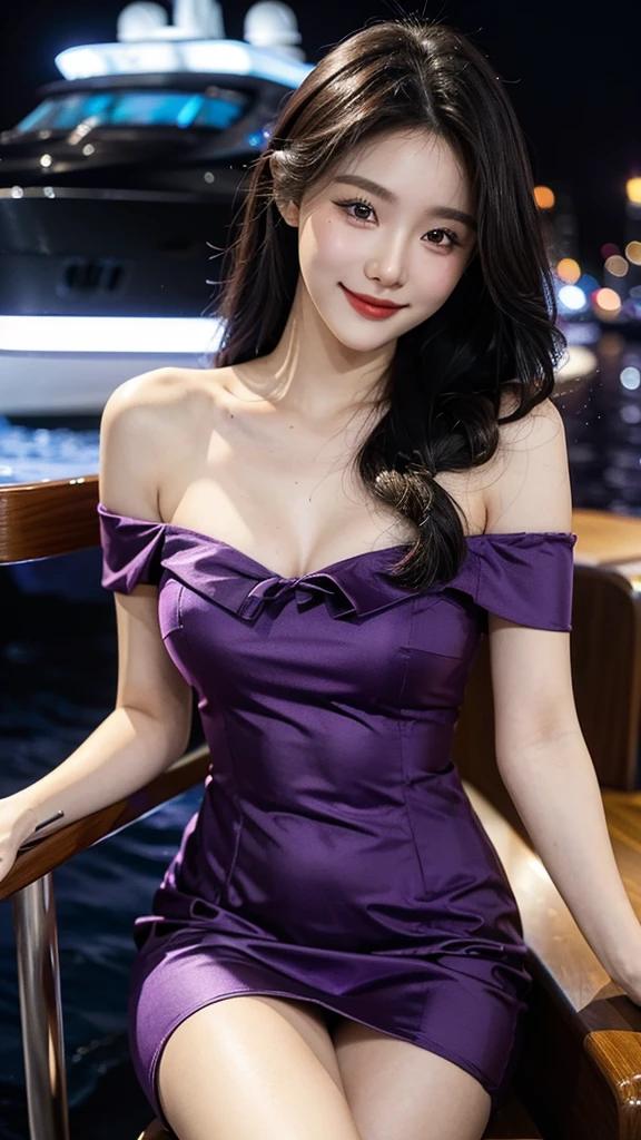 Sweet girl next to the yacht,Thick hair,Delicate face,Photorealistic,for real,Large aperture,Wearing a purple dress,Short dress,Off-shoulder,Neck dress,Slim,Smile,Ultra-high resolution, Blurred background