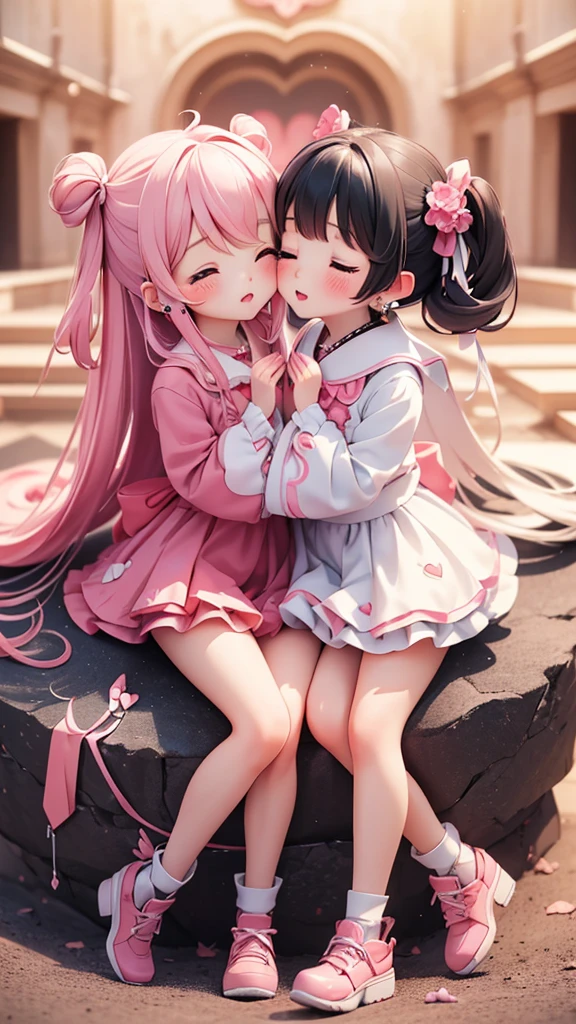 ((petite bishojo, 2girls)), ((kawaii face)), ((heart-shaped pupils)), (masterpiece), (top quality), ((hyper detailed)), (beautiful and aesthetic), (super detailed skin), (high standard), (high resolution), (perfect anatomy), (full body), (red cheek), ((jirai kei, ground mine)), (earring), (lipstick), ((closed eyes, cheek to kiss))