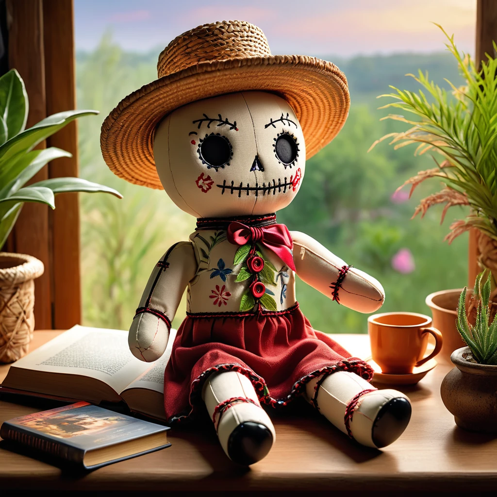 (knitted toy voodoo doll:1.7), (Voodoo on the Veranda:1.3), (Clothing: light summer outfit, straw hat:1.0), (Accessories: teapot, teacup, book:1.2), (background: cozy veranda with wicker furniture, potted plants, and a scenic garden view:1.2), best quality, masterpiece, detailed soft oil painting, detailed background, dramatic cinematic lighting, soft edge lighting, professional, dramatic lighting, hard edge lighting, ultra quality, 4k,masterpiece, best quality, 8k, ultra highres, highres, extremely detailed