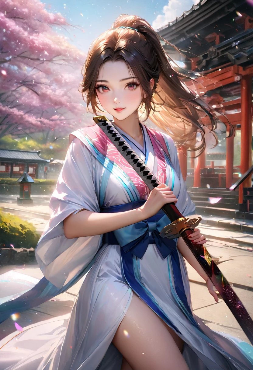 Shrine grounds, Clear sky with white clouds, Shrine maiden, Blur the background,young woman,ponytail,Holding a Japanese sword,Glitter effect,Highest quality, 8K, High resolution, masterpiece:1.2, Very detailed, Realistic:1.37, High resolution, 超High resolution, Ultra-fine painting, Very detailed, Professional, Vibrant colors