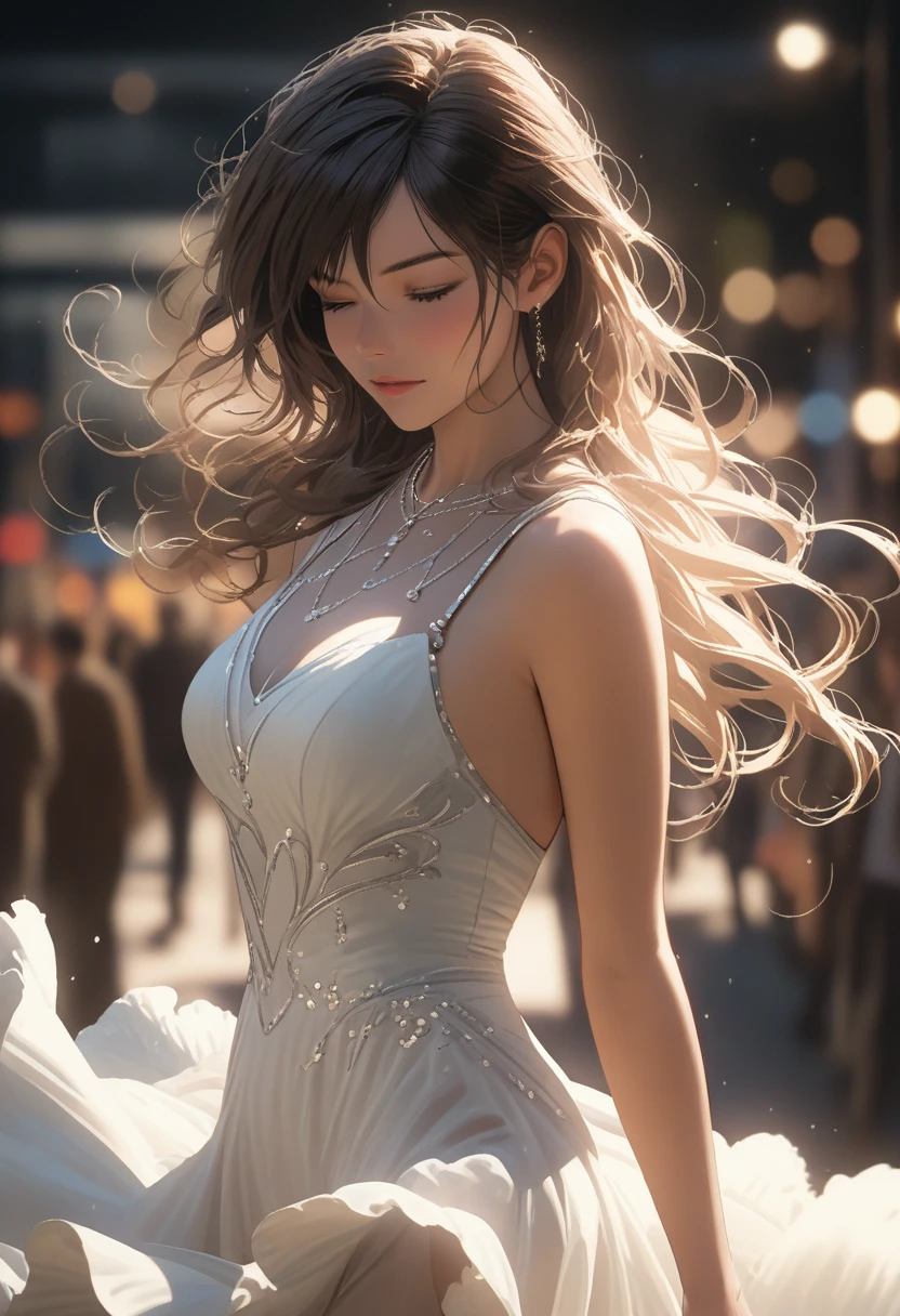 (best quality, 8k, masterpiece, highres, ultra-detailed), photorealistic, woman, flowing dress, ethereal dress, dancing, grace, energy, dimly lit studio, swirling hair, eyes closed, lost in music, powerful movements, delicate movements, range of emotions, body language, soft hazy blur, light and shadow, dreamlike quality, artistic lighting, realistic skin.