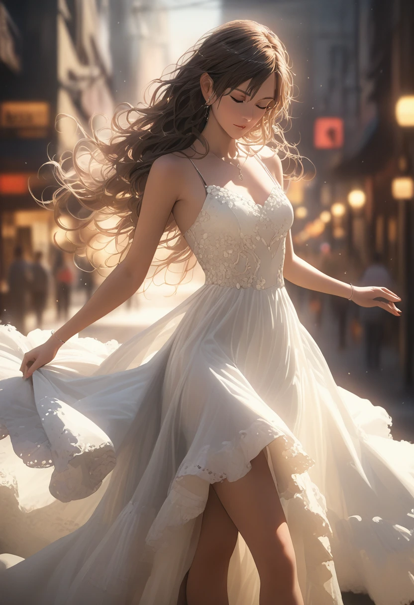 (best quality, 8k, masterpiece, highres, ultra-detailed), photorealistic, woman, flowing dress, ethereal dress, dancing, grace, energy, dimly lit studio, swirling hair, eyes closed, lost in music, powerful movements, delicate movements, range of emotions, body language, soft hazy blur, light and shadow, dreamlike quality, artistic lighting,  realistic skin.