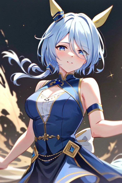 (masterpiece), highly detailed, best quality, (high resolution), 8k, 1girl, solo, k.s.miracle, umamusume, short hair, blue hair, horse ears, horse girl, horse tail, blue eyes, cinematic angle, looking at viewer, blue dress, party dress, gentle smile, eyes visible through hair, hair over left eye