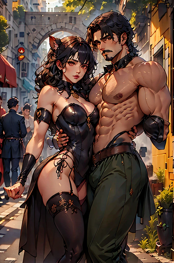 (((a man and woman couple posing dynamically, each one with their respective Lora)))At the heart of an incredibly realistic work of art., The neocruz werewolf, or werewolf, Midway transitions under the cover of night.. His muscles ripple and fur sprouts from his skin in an intricately detailed transformation... He finds himself before an adult vampire junkotvv woman., Her sleek leather outfit hugs her curves in a seductive way. its length, Jet black hair cascades down her back, covering his face while putting up fierce resistance.. The captivating scene comes to life through fantastic realism., with every detail meticulously represented for the ultimate sensory experience.