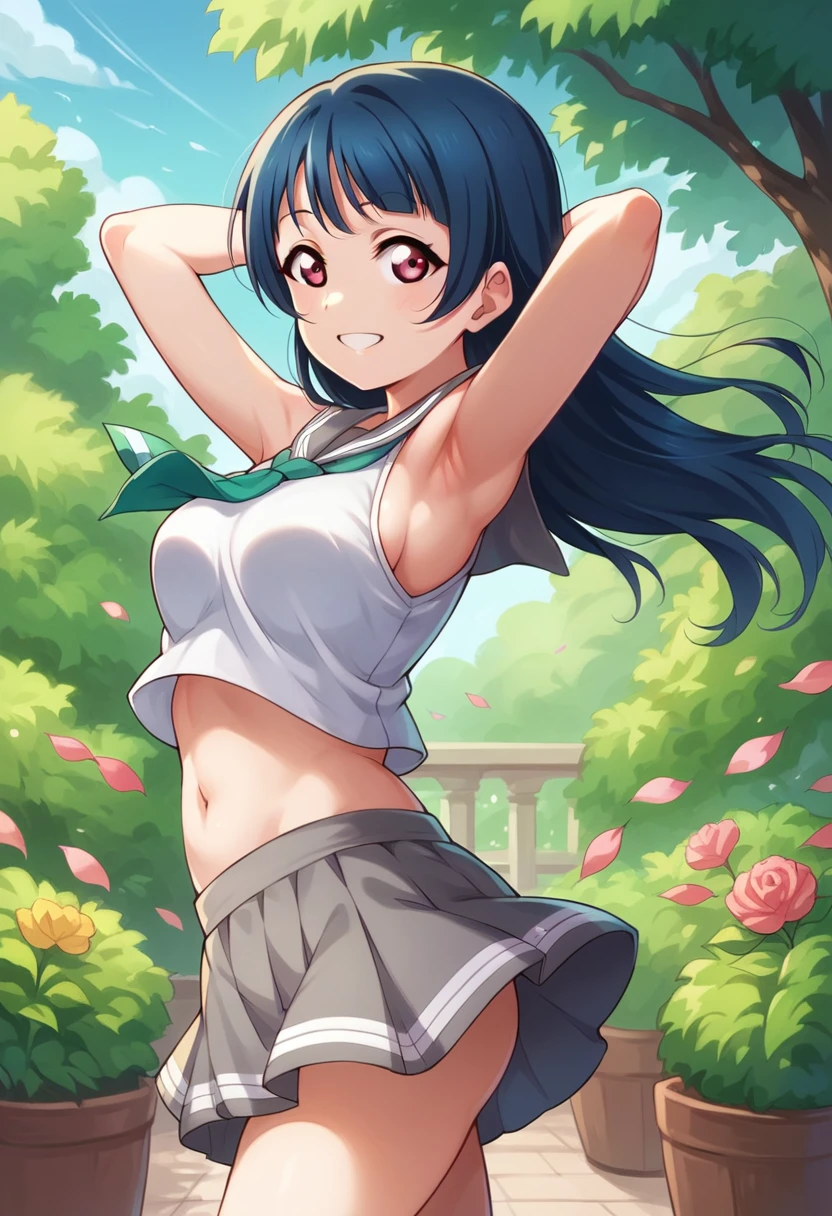 Yoshiko Tsushima love live,serafuku, gray mini skirt, slightly from side, arms behind head, armpits,wind  ,navel, breasts, smile , standing, sleeveless , looking at viewer,garden