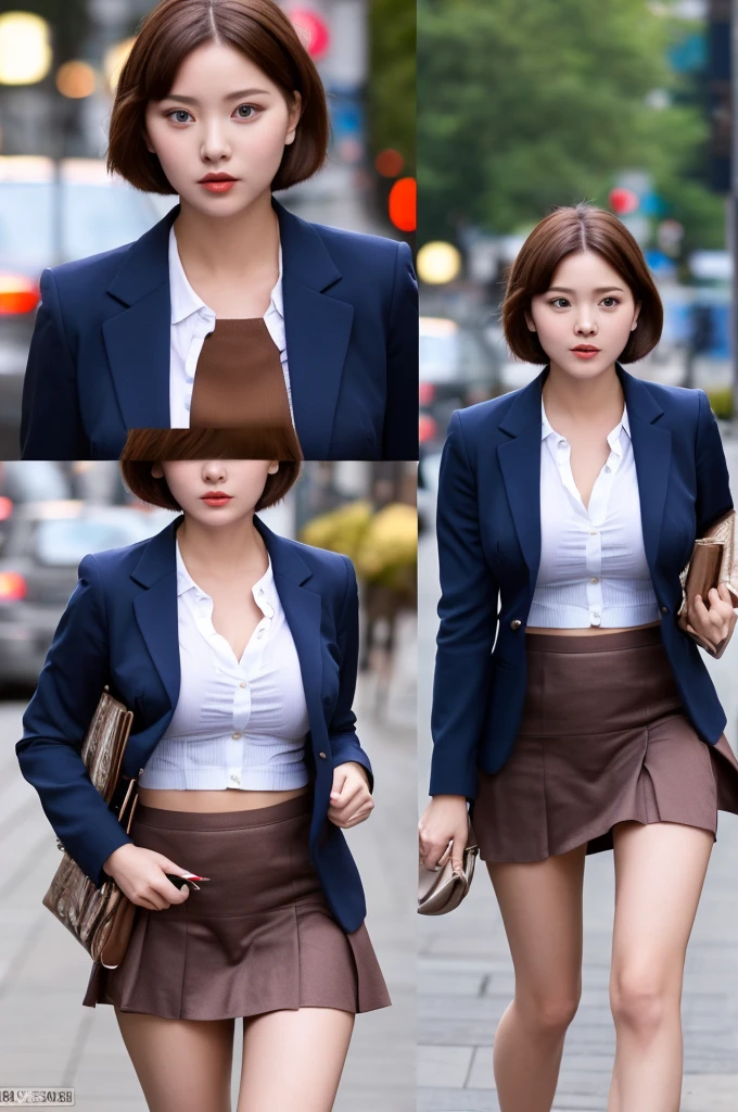 a 23 year old face of the most beautiful actress in the world, the perfect body proportions of a female, short hair cut above the ears for a female, blazer being worn on shirt is tight thanks to large breasts, panties between bare legs are seen just a little thanks to skirt is too short, bare thighs, the outfit is covering whole upper body, at the city street, standing, nsfw, best quality, highly detailed, masterpiece, ultra high res, photo realistic, 8k