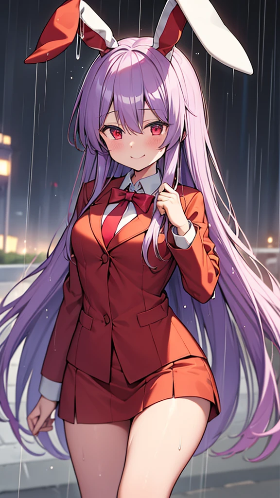 reisen₋udongein₋inaba Light purple long hair Red eyes Red jacket Red blazer White rabbit ears White tie Smiling Wet in the rain Top quality Masterpiece