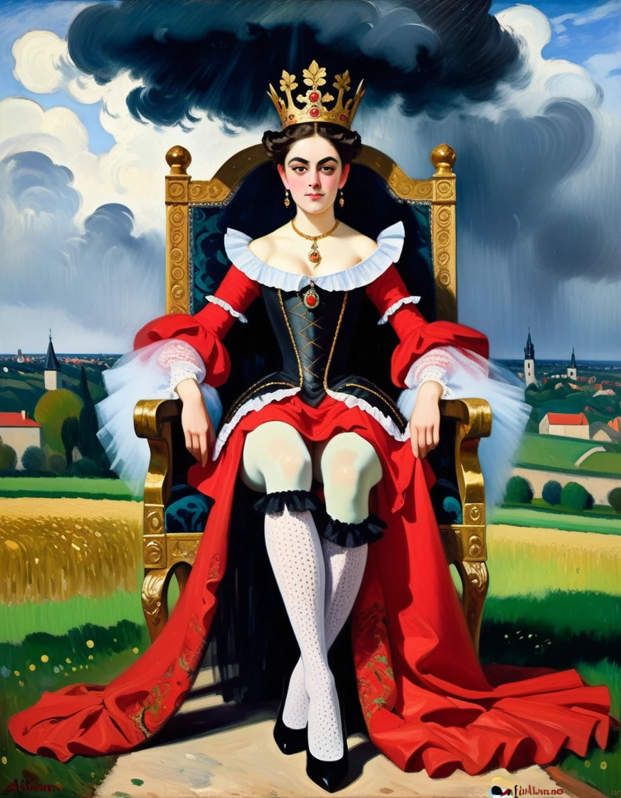 charming warrior great queen looks enthusiastically ((sitting on a hard baroque thron)) ((thron of power)), in a red shirt and tights with a tulle frill, Averts his eyes, dark clouds, 15 century,((style by Camille Pissarro, Armand Guillaumin, Alex-Maleew, Gustav Klimt, Edwin Austin Abbey!)), The dark Renaissance, (fog, very scuffing), ((palette/oil painting palette knife)), ((masterpiece)), single shot, impression:1.2, extreme detail, perspective:1.33, 8k