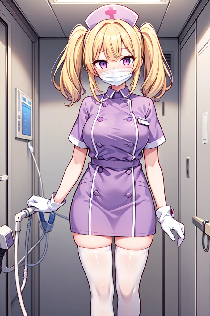 1girl, solo, nurse, nurse cap, white nurse uniform, ((white legwear, zettai ryouiki)), white gloves, twintails, yellow hair, purple eyes, ((white surgical mask, covered nose)), standing, ((hospital room)), sharp outline, short sleeves, best quality, masterpiece