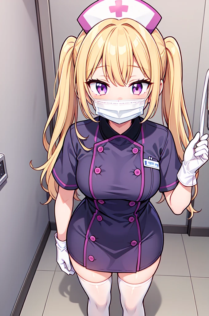 1girl, solo, nurse, nurse cap, white nurse uniform, ((white legwear, zettai ryouiki)), white gloves, twintails, yellow hair, purple eyes, ((white surgical mask, covered nose)), standing, ((hospital room)), sharp outline, short sleeves, best quality, masterpiece