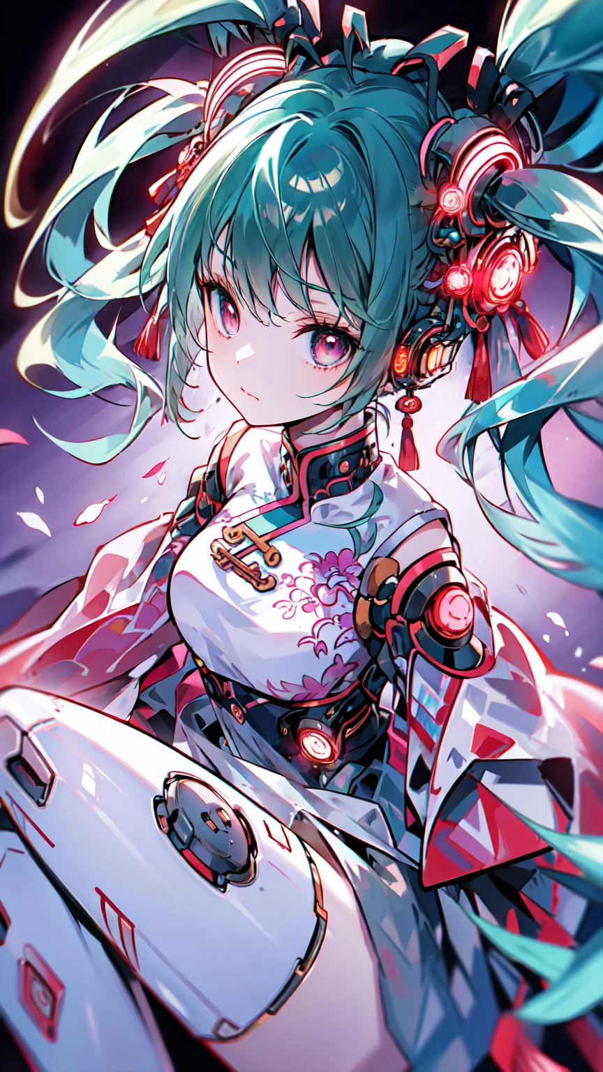 Hatsune Miku VOCALOID, 1 Girl, Chinese_Clothes, Sitting, White and pink,Cyber Hanfu, China dress, cyber punk city, Dynamic pose, Head ornament, hair ornaments, Long Hair, cyber punk, High-tech city, Full of machinery and futuristic elements, Futurism, technology