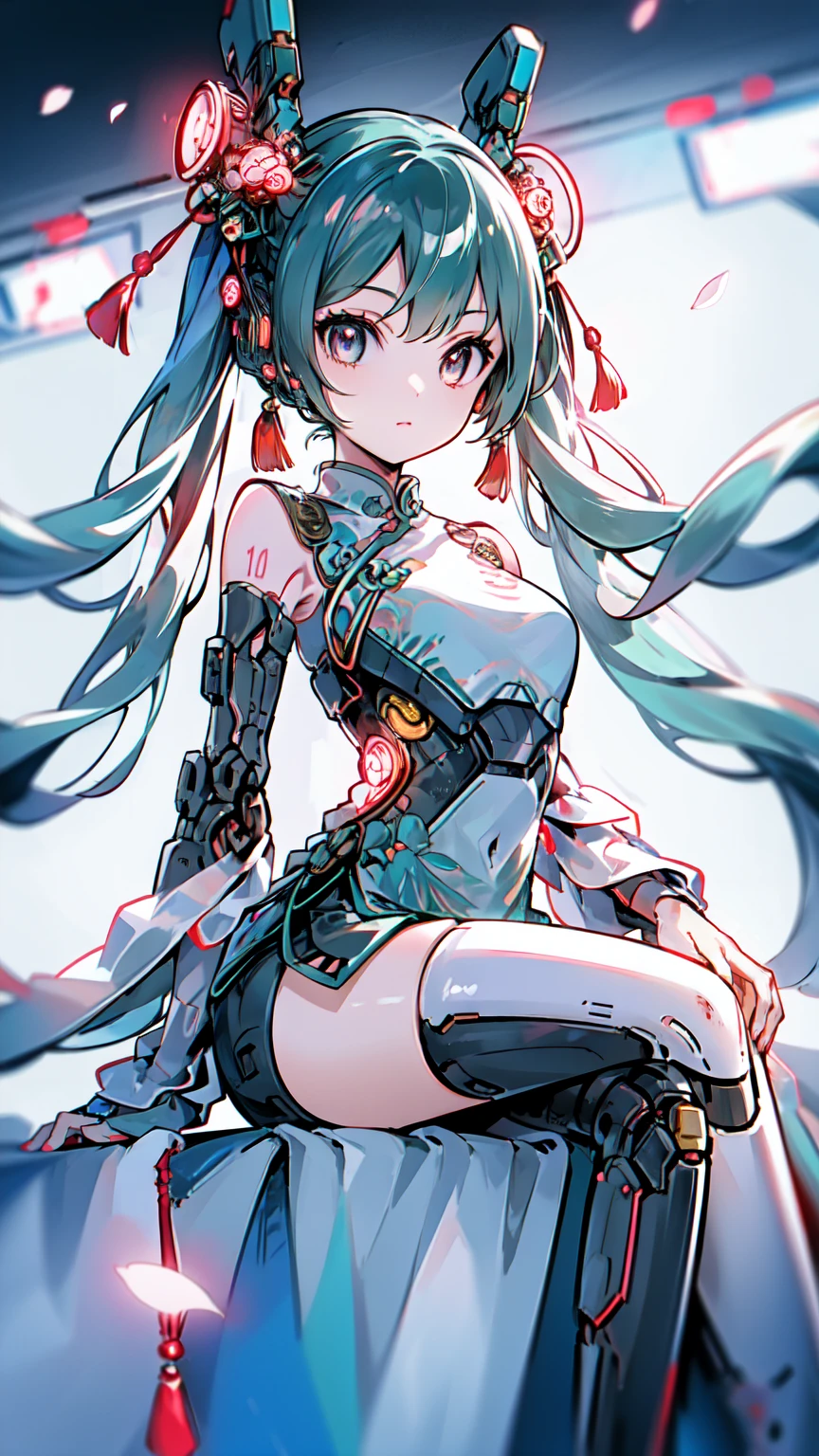 Hatsune Miku VOCALOID, 1 Girl, Chinese_Clothes, Sitting, White and pink,Cyber Hanfu, China dress, cyber punk city, Dynamic pose, Head ornament, hair ornaments, Long Hair, cyber punk, High-tech city, Full of machinery and futuristic elements, Futurism, technology