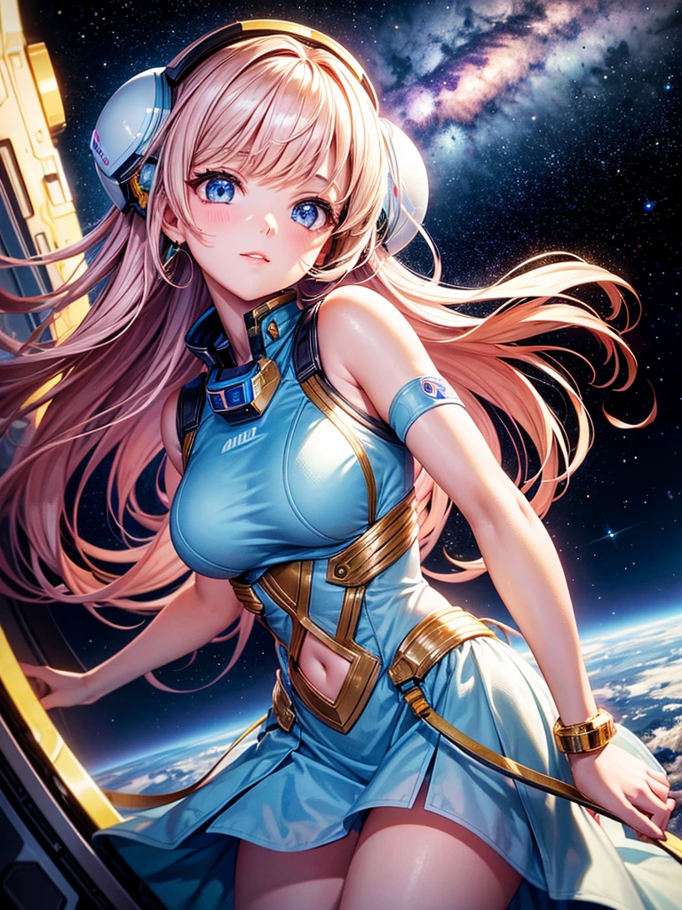 Highest quality,Highest Resolution,A beautiful girl from the future in space,Earth in the background,Milky Way,