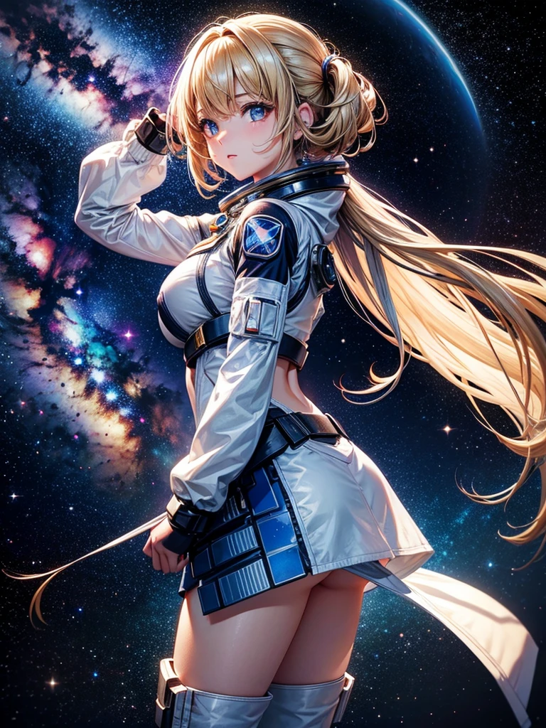 Highest quality,Highest Resolution,A beautiful girl from the future in space,Earth in the background,Milky Way,