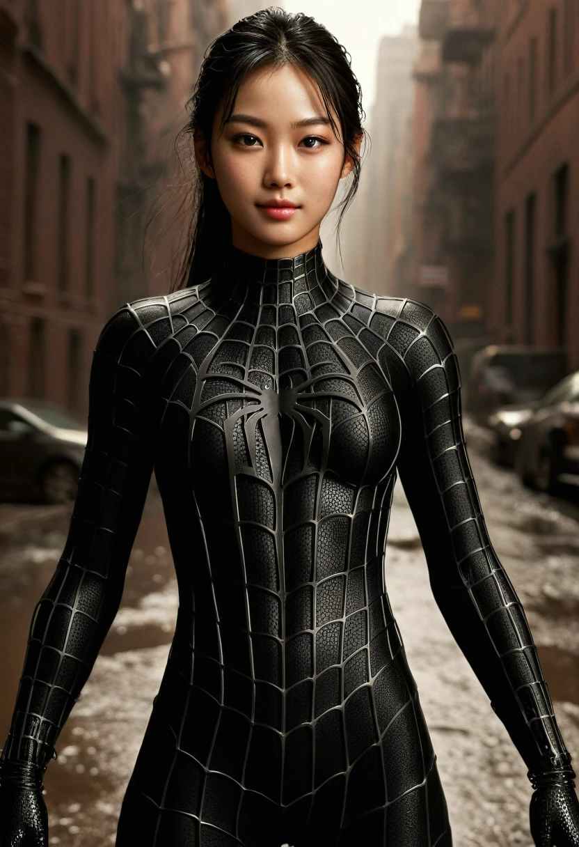 score_9, score_8_up, score_7_up, best quality, realistic, masterpiece, beautiful detail, hyperrealistic, (1girl, woman body, smile), big breasts, amazing detailed full body portrait of a beautiful ulzzang girl, wearing a realistic and highly detailed black raimi spider-man suit, ((huge muscular girl)), professional model wears ultra - detailed black raimi spider - man suit, ultra - detailed and grained black raimi spiderman suit, suit covered entire body and hand, black spiderman gloves, wet, (spider man pose), (full body), (dirty skin), close up, octane render, highly detailed, volumetric, dramatic lighting, (highest quality:1.1), (HDR:1.3), (top quality, best quality), realistic, high definition,
