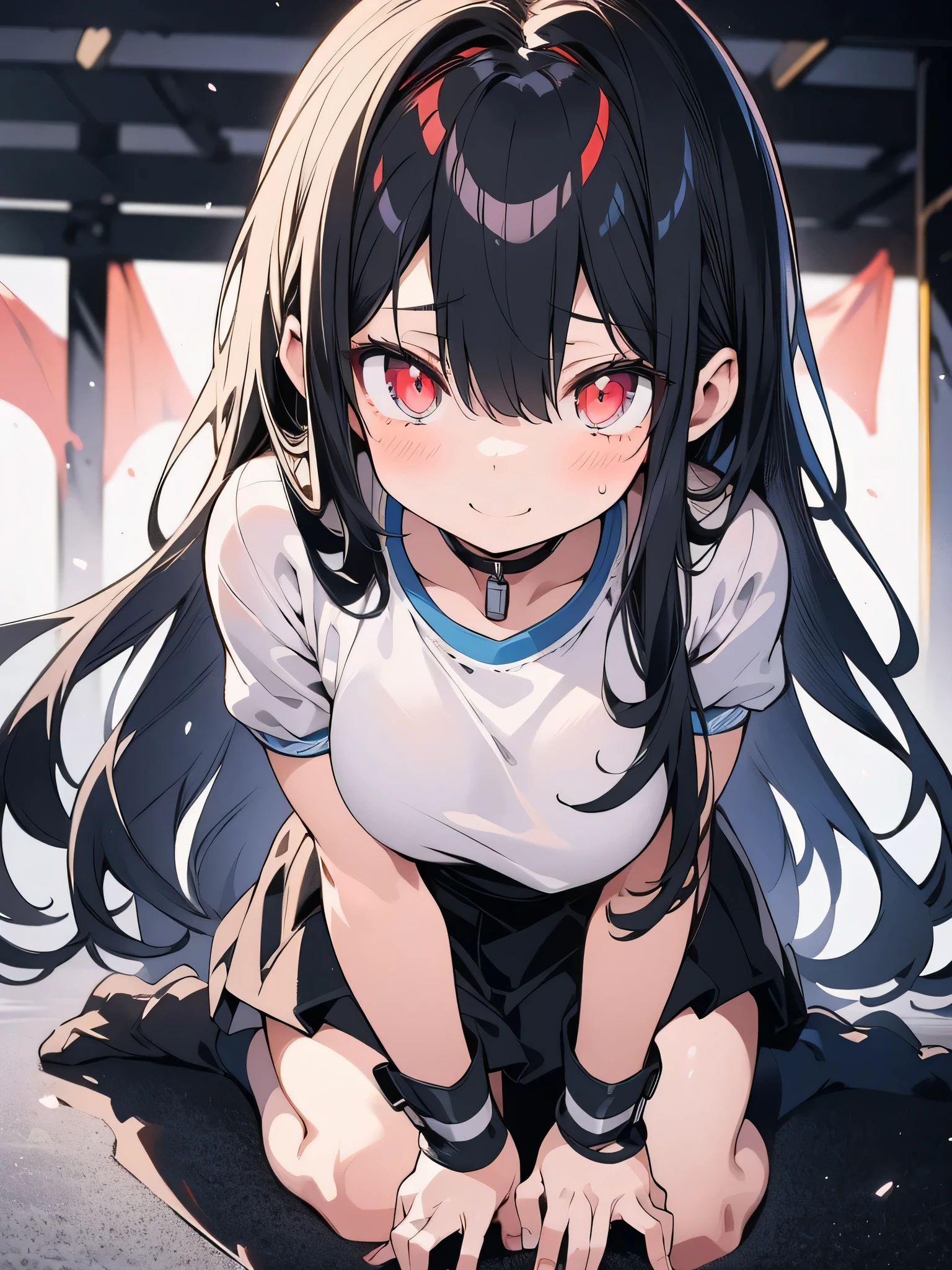 masterpiece, best quality, ultra-detailed, illustration, an extremely delicate and beautiful, 8k,perfect face, 1 girl, playful smile,full body, student gym uniform,blush,thin clothes,mature,sweat, school storehouse background, red long hair,gasp.