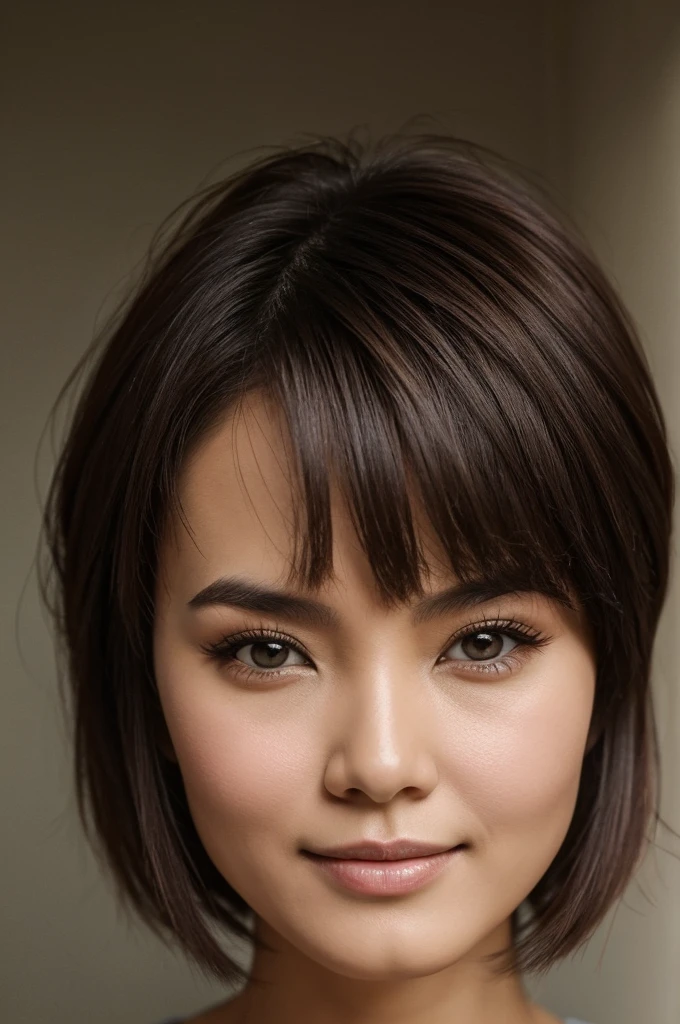 Women short brown Chinese hair buck teeth brunette small round eyes 40 years old
