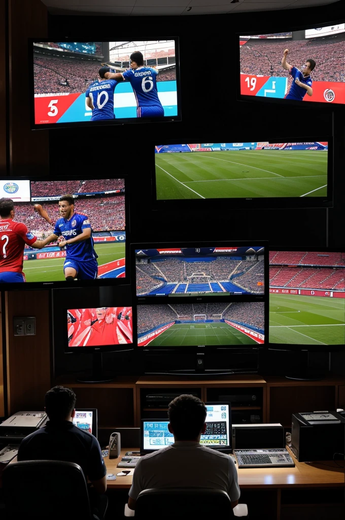 Create an illustration showing a stage with several television monitors, all showing the same soccer match in Costa Rica with intense and excited coverage, Each television monitor is surrounded by sports graphics, player statistics and enthusiastic comments from sports commentators, all highlighting the emotion and attention dedicated to the game. in the center of the scene, on a small almost hidden monitor, shows a tiny news story about a serious incident of football-related domestic ????????. For example, an image of a house with broken windows and an ambulance in the background.