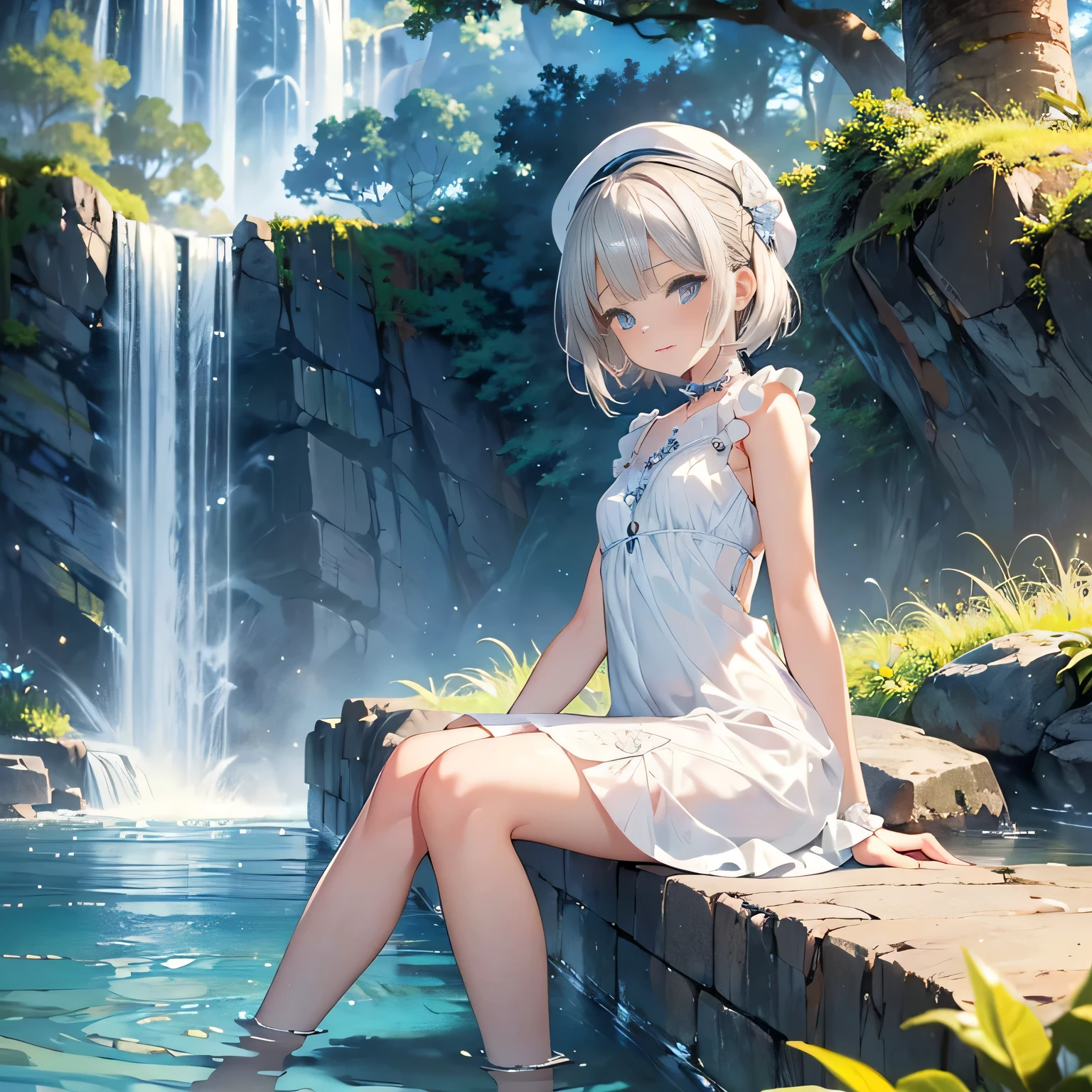 ((masterpiece:1.4, best quality)), ((masterpiece, best quality)),low angle,beautiful pixie cut silver blonde hair,little cute girl,full body, sitting in the water falls,taking a nap, ((elegant summer mini dress)), white beautiful elegant hat,very cute,cute eyes,cinematic lighting and pause,beautiful natural park