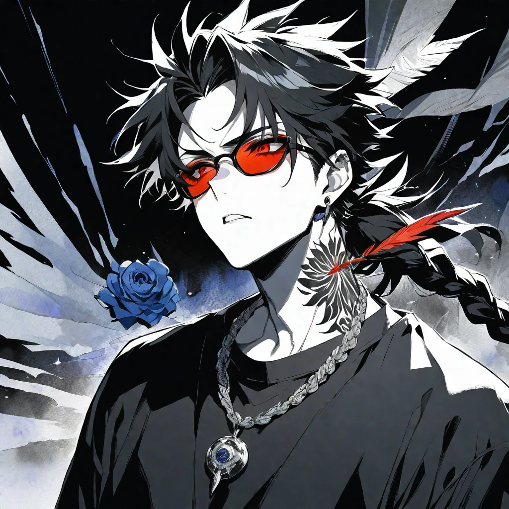 Solo,handsome, monochrome,watercolor,1 male, Ponytail, Braided black hair, red eyes, Gojo Satoru,devil feather,ピアス,necklace
,casual,Blue Rose Tattoo,black Oversized court,Stylish,cool,Wear sunglasses around your neck,Void,look up,
blackbackground,İcon,Despise face up