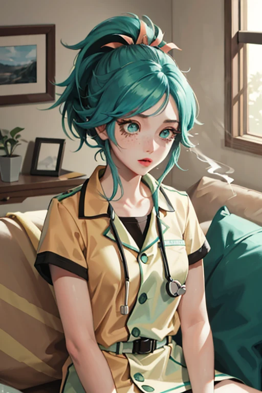 Masterpiece, best quality, college student, centered in frame, portrait, female, pale skin, stressed expression, stethoscope, busty, smoking cigarette, eye bags, nervous, peach lips, ponytail, pastel green hair, couch landscape, green eyes, paramedic uniform, green freckles, beautiful,