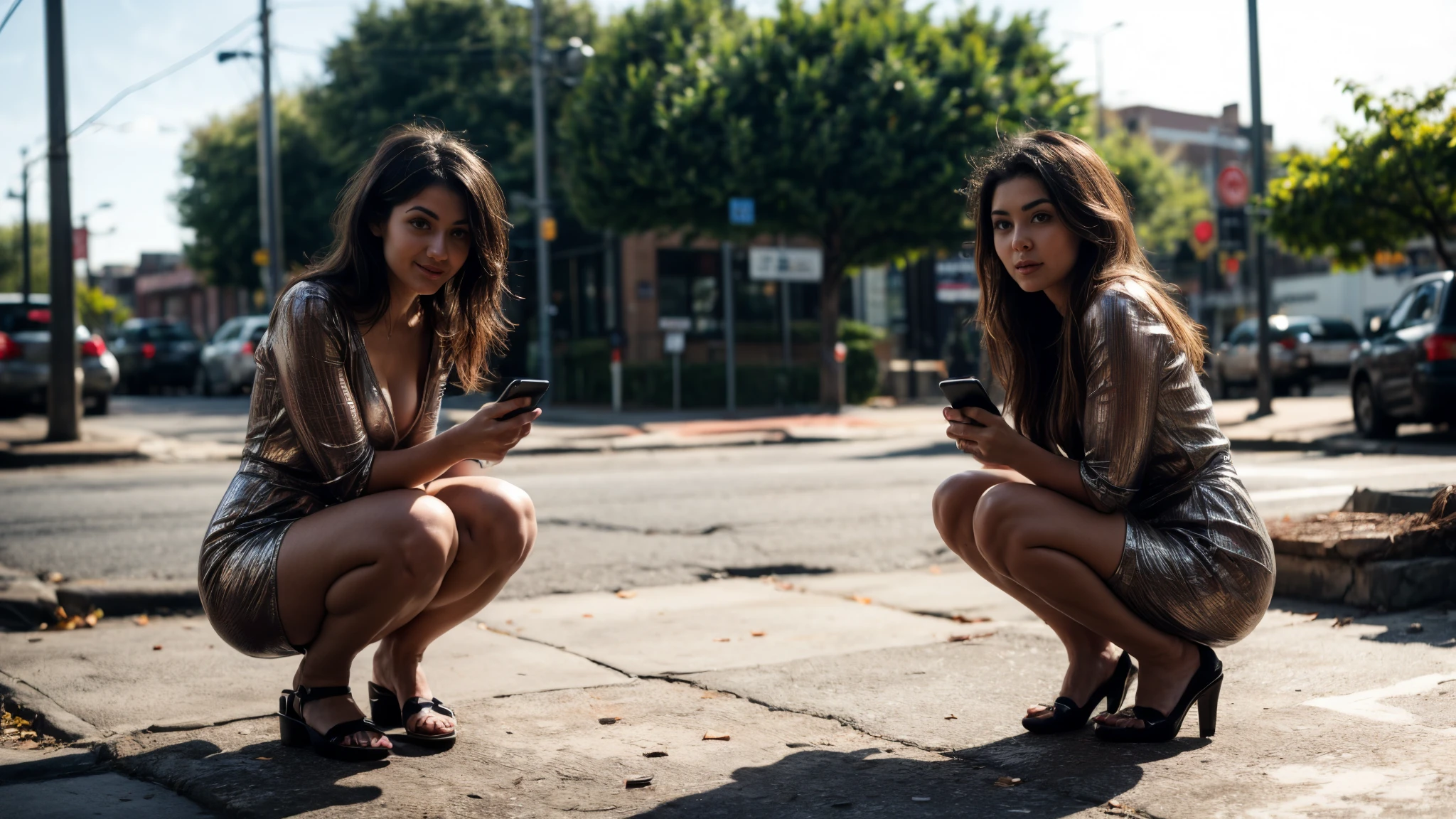 woman in pink dress squatting down on a brick sidewalk taking a picture, exposed thighs, pretty face with arms and legs, checking her phone, exposed thighs!!!, round thighs, checking her cell phone, juicy legs, hugging her knees, sexy look at the camera, special attention to posing, thighs, squatting pose, uhd candid photo of dirty, high details, natural skin pores, skin imperfections, cellulite, stretch marks and moles on skin. (woman in pink dress squatting down on a brick sidewalk taking a picture, a photorealistic painting by Xi Gang, tumblr, hyperrealism, exposed thighs, pretty face with arms and legs, checking her phone, exposed thighs!!!, round thighs, checking her cell phone, juicy legs, hugging her knees, sexy look at the camera, special attention to posing, thighs)
