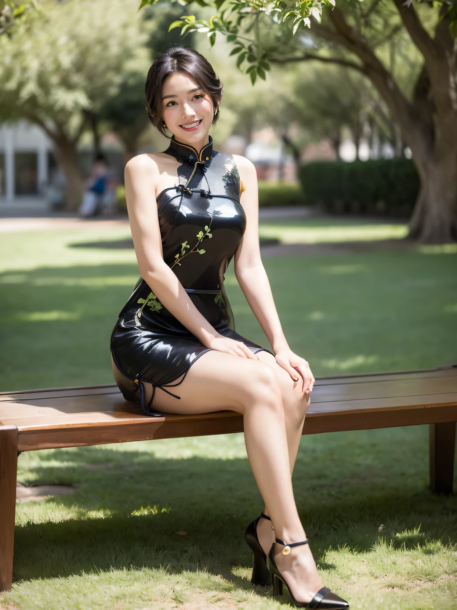最high quality, 8K, Masseter area, Energetic, Clear focus, high quality, high resolution, Delicate face, Fine particles, thick lips, (Looking at the audience), Solitary, Beautiful woman, 38 years old, Plum, Black short hair, (Shoulder cheongsam:1.5), afternoon、In front of the park garden,(Sitting on a bench:1.5)、((Smile:1.5))、((Wearing black high heels))