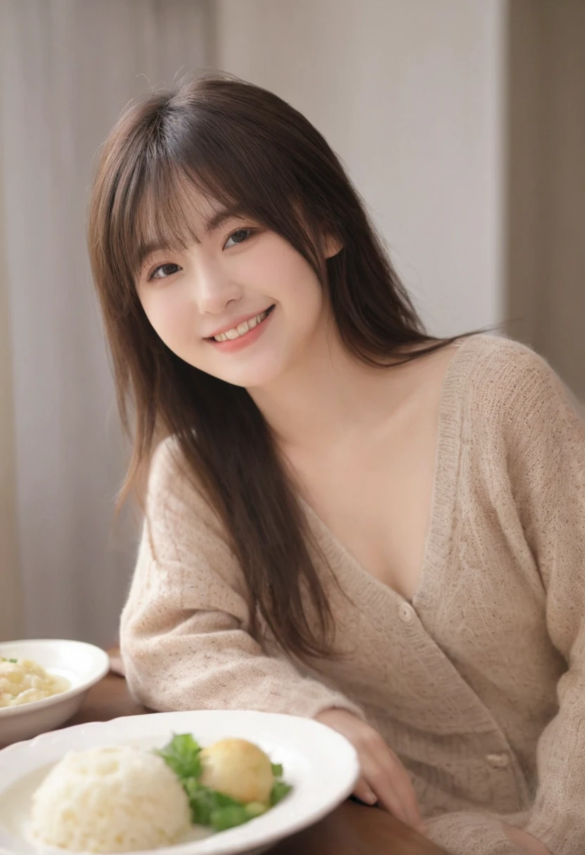 (Highest quality,8K quality,masterpiece:1.3),(Ultra-high resolution,Realistic:1.4,Live Shooting),(Very detailed,Caustics),(Ultra-Realistic Capture,(((dinner))),Beautiful and detailed skin),19 years old,Beautiful Japanese, Medium Hair, Asymmetrical bangs, Brown Hair, I'm looking at the camera with a smile on my face,Soft Light,A ray of light shining from above,Natural light，((Summer knitwear))，(((One female))),Night view,French cuisine