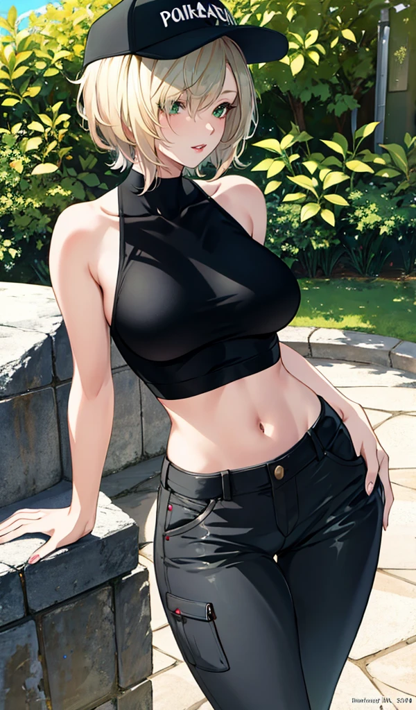 Please follow all prompts below exactly and faithfully. This is a breathtaking masterpiece of digital illustration, with maximum resolution, UHD, 512K, 2160p, 10 million ppi, 300 million dpi, natural color tones, ultra sharp details, perfect outlines with contrast, **most realistic skin and hair textures**, most beautiful detailed eye features, perfect anatomically correct human body, beautiful background with depth, rule of thirds, depth of field, Maximize all element is used to its full potential to create the best digital illustrations, A very sexy and elegant woman with a perfect body style, a beautiful sharp face, slim figure, gravity-defying large breasts, beautiful green eyes, (shiny blonde shaggy cut short hair covering one eye), glossy, sensual, very glossy thick lips with striking pink lipstick, She is walking through a dazzlingly sunny park wearing a baseball cap, a tiny white tank top that clings so tightly that her body lines are clearly visible, short cargo pants, and white sneakers.