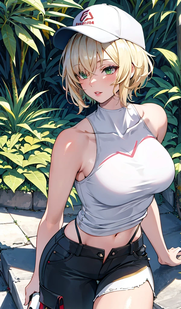 Please follow all prompts below exactly and faithfully. This is a breathtaking masterpiece of digital illustration, with maximum resolution, UHD, 512K, 2160p, 10 million ppi, 300 million dpi, natural color tones, ultra sharp details, perfect outlines with contrast, **most realistic skin and hair textures**, most beautiful detailed eye features, perfect anatomically correct human body, beautiful background with depth, rule of thirds, depth of field, Maximize all element is used to its full potential to create the best digital illustrations, A very sexy and elegant woman with a perfect body style, a beautiful sharp face, slim figure, gravity-defying large breasts, beautiful green eyes, (shiny blonde shaggy cut short hair covering one eye), glossy, sensual, very glossy thick lips with striking pink lipstick, She is walking through a dazzlingly sunny park wearing a baseball cap, a tiny white tank top that clings so tightly that her body lines are clearly visible, short cargo pants, and white sneakers.