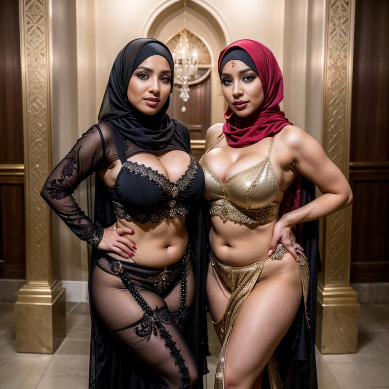 portrait, ((full body photo)), In an unexpected setting, an empty back alley, (two) huge breasts voluptuous confident and empowered ((hijabi)) ((Muslim)) women with hourglass figures (stood side by side). ((Both wearing belly dancer outfits)), they defied expectations and embraced their unique identities. Their full makeup, including red lips, mascara, eyeshadow, eyeliner, and even false eyelashes, added a touch of glamour and allure to their appearance. As they swayed to an invisible beat, their graceful movements and mesmerizing dance showcased their talent and passion for belly dancing. In this unconventional space, they proved that their hourglass figures and hijabs were not obstacles, but rather sources of strength and beauty. Their presence symbolized the harmonious blending of tradition, self-expression, and the celebration of individuality.gluteal, skin texture, ultra high res, RAW, instagram LUT, masterpiece, best quality, ultra-detailed, ultra high resolution, RAW, 4k, (looking at viewer), ((extremely detailed eyes and face)), ((beautiful detailed nose)), ((beautiful detailed thigh)), ((beautiful detailed eyes)), perfect body proportion, smile, ((SFW)),