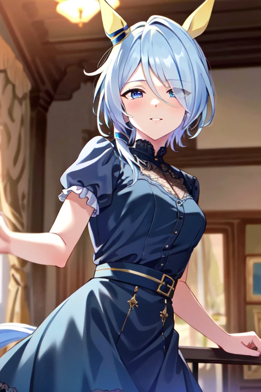 (masterpiece), highly detailed, best quality, (high resolution), 8k, 1girl, solo, k.s.miracle, umamusume, short hair, blue hair, horse ears, horse girl, horse tail, blue eyes, cinematic angle, looking at viewer, blue dress, party dress, indoor, party, gentle smile, eyes visible through hair, hair over left eye