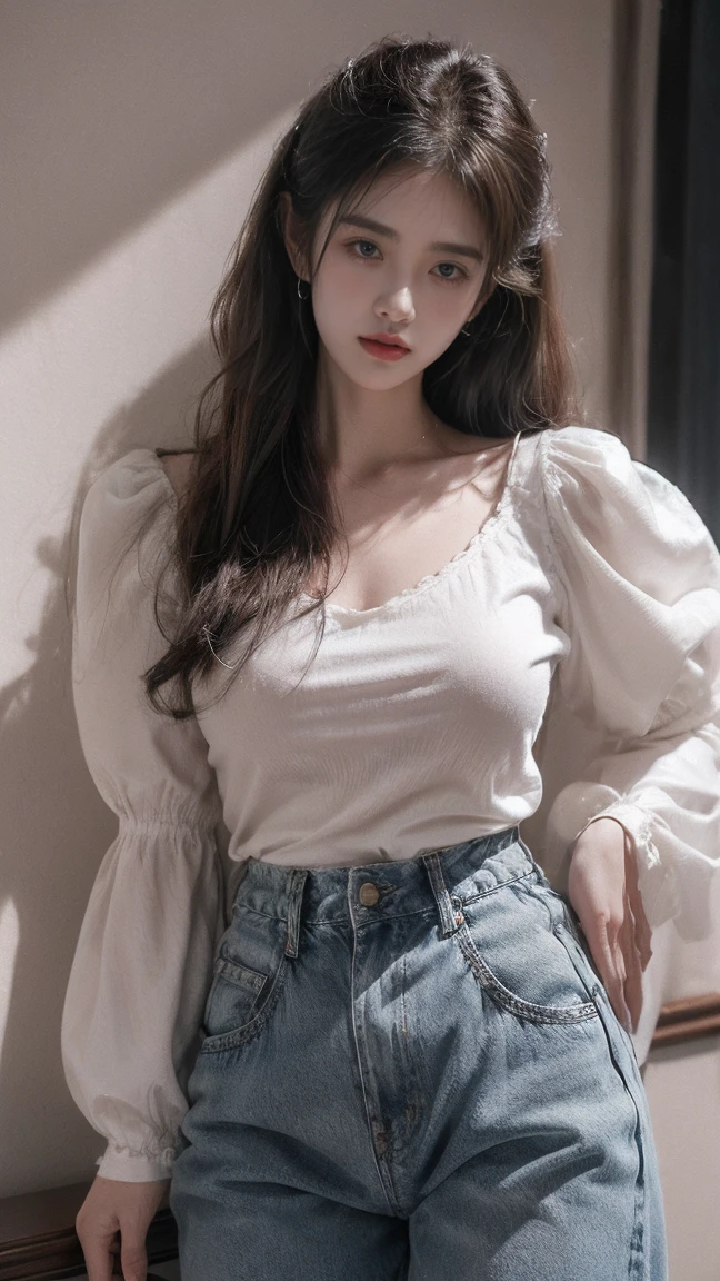 21yo girl,(wearing Blouse Beraksen Puff Sleeves),(wearing blouse),(puff sleeves),(blouse), denim pants, natural medium breast, plump body,single sidelock hairpin blush modern cinematic lighting,ray tracing,drop shadow wide shot UHD,textured skin,high details,best quality 4K
