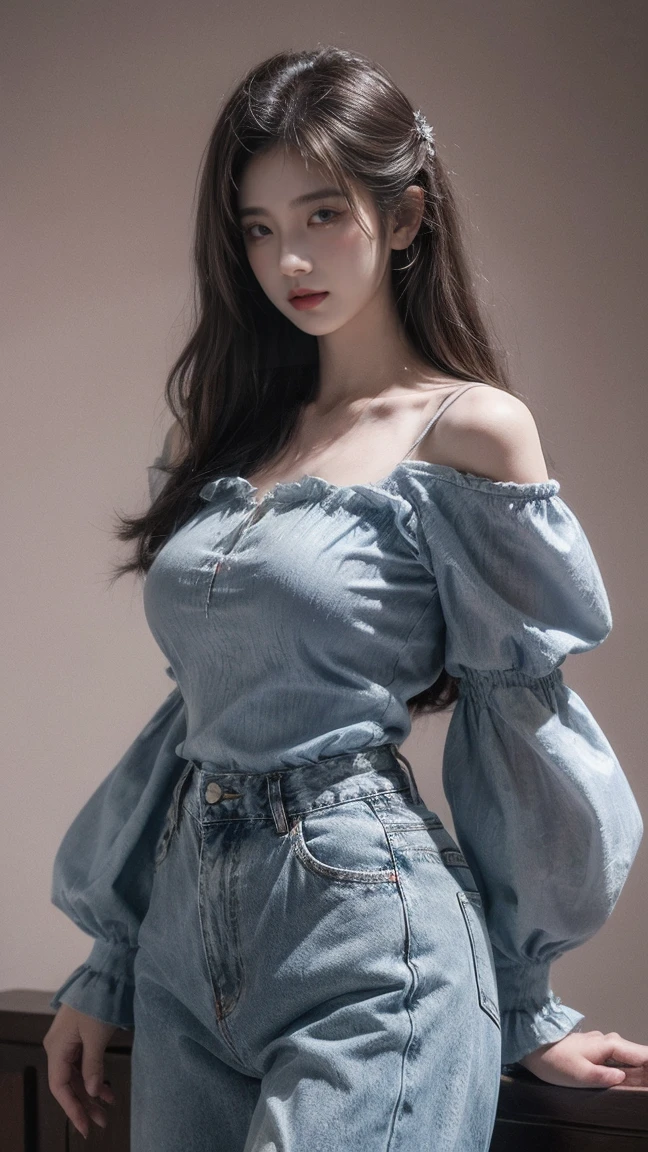 21yo girl,(wearing Blouse Beraksen Puff Sleeves),(wearing blouse),(puff sleeves),(blouse), denim pants, natural medium breast, plump body,single sidelock hairpin blush modern cinematic lighting,ray tracing,drop shadow wide shot UHD,textured skin,high details,best quality 4K