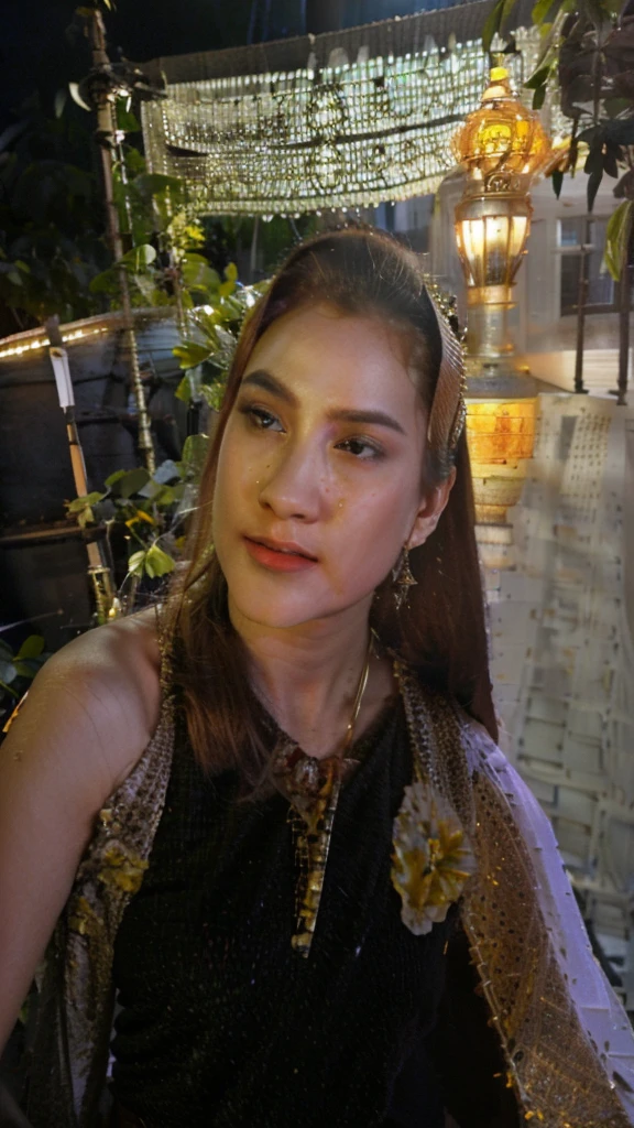 (photorealistic:1.4),(raw photo:1.2),(extremely detailed CG:1.2), (masterpiece:1.2), (best quality:1.2),looking at viewer,(cowboy shot)
,(20 year old girl),((solo)),(white thai tradition dress),(tradition shawl),(walking in garden),(golden jewelry),(garden background),(high detailed garden),(blue thai tradition pant),
,
