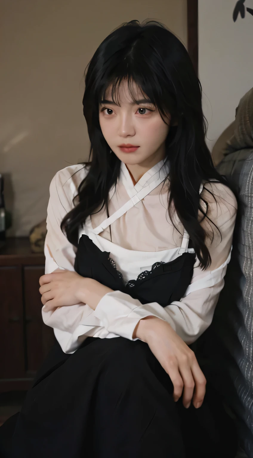 best qualtiy,tmasterpiece,Ultra-high resolution,(realisticlying:1.4),a close up of a woman with long black hair wearing a black dress, cai xukun, gorgeous chinese models, Gorgeous young Korean woman, beautiful Korean women, Yanjun Cheng, xintong chen, ruan jia beautiful!, Beautiful young Korean woman,