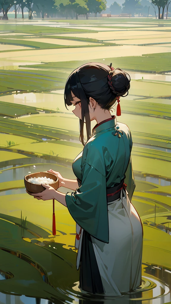 Beautiful and gentle ancient Chinese woman planting rice in the rice field，Look back instantly，Ancient Chinese Peasant Clothing，Ancient Chinese women's hair bun