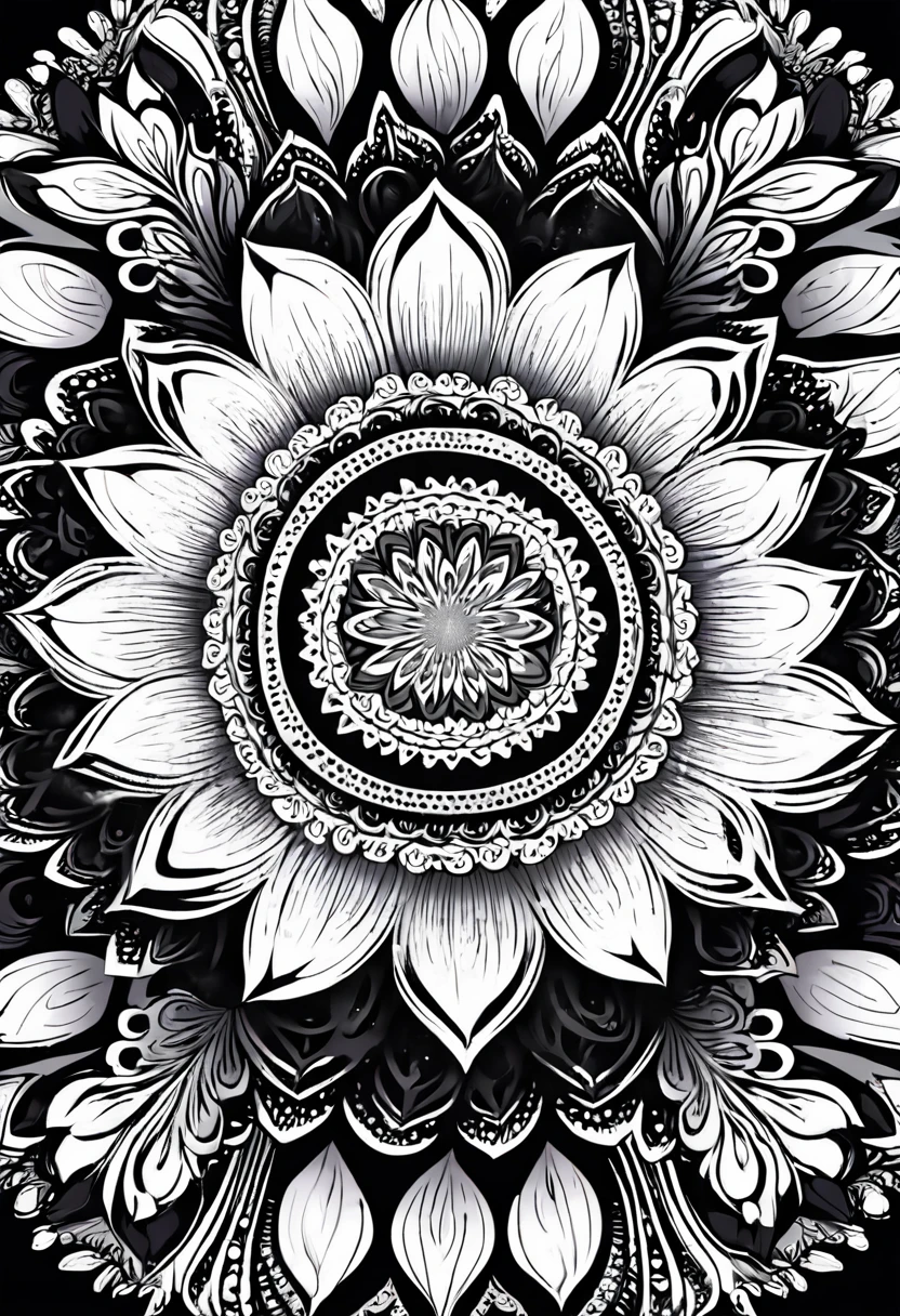 a white and black flower with a black background, white and black mandala, mandala art, lotus mandala, mandala ornament, super detailed white and black art, mandalas, rainbow gradient bloom, colorful intricate masterpiece, detailed art in white and black, intricate white and black masterpiece, mandalas, super detailed white and black art, psychedelic art style, ornate flower design, vibrant high contrast white and black, white and black vector art