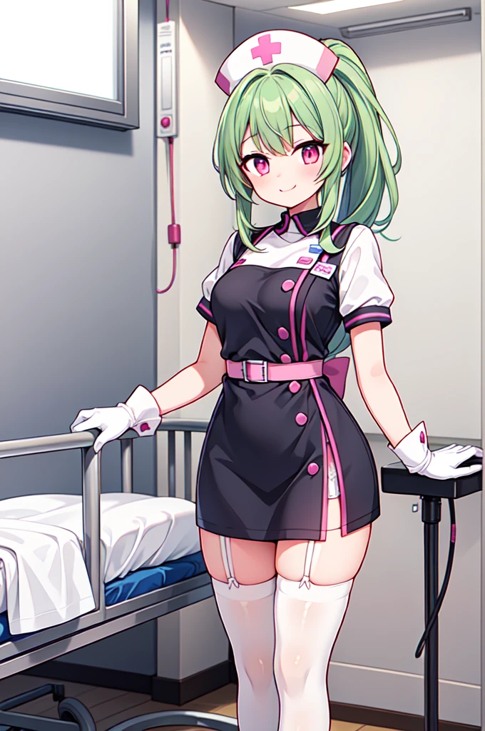 1girl, solo, nurse, nurse cap, white nurse uniform, ((white legwear, zettai ryouiki)), white gloves, ponytail, green hair, pink eyes, smile, standing, ((hospital room)), sharp outline, short sleeves, best quality, masterpiece
